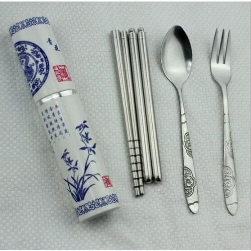 1SET China Style 3in1 Stainless Steel Tableware Set Travel Outdoor Chopsticks Fork Spoon Flatware Set KV 085