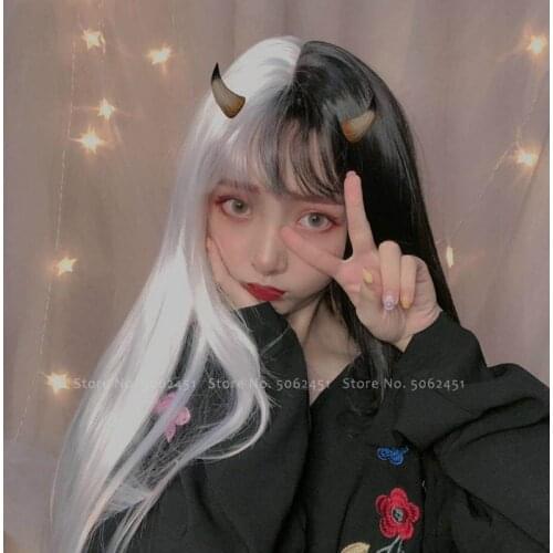 Women White Black Pink Wig Gothic Two Color Long Hair Stage Party Props Girls Japanese Anime Cosplay Costumes Kawaii Headwear