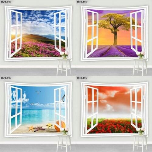 Beach Scenery Outside The Window Tapestry Plant Flower Print Hippie Wall Hanging Mandala Tapestries Bohemian Wall Wall Art Decor