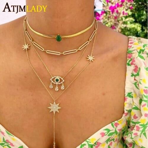 Drop Shipping 32+10cm Herringbone Chain Choker Water Drop Green CZ Paved Gold Color Fashion Women Necklace 2021 Fashion New
