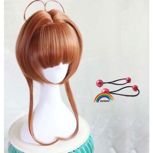 Sakura Kinomoto Wig High Quality Anime Card Captors Sakura Cosplay Costume Wigs Halloween Costumes Hair + Red Balls Hairbands