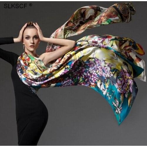 [SLKSCF] 180X65CM Customized Design digital printing Real Silk Satin Long Scarves Hijabs Shawls Capes