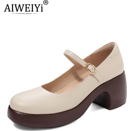 AIWEIYi Single Shoes Female Buckle Thick Heel Vintage Mary Jane Genuine Leather Shoes Round Toe High Heels Women Platform Shoes