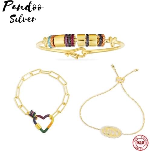 Sterling Silver Jewelry,LOVE AMOUR Adjustable Bracelet ,Bangle With Multi-Color Sliding Rings,Chain Bracelet With Rainbow Heart