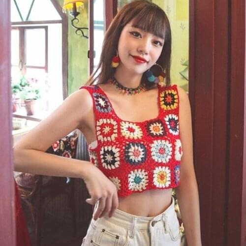Women Sexy Crochet Tank Tops 2021 Bohemian Sleeveless Floral Print Hollow Out Knit Loose Crop Tops Summer