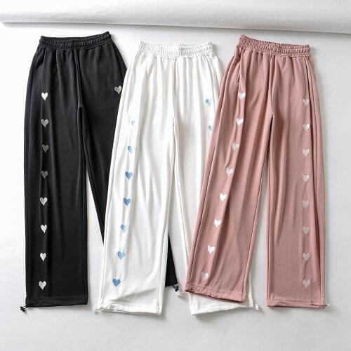 2021 Womens Spring New Fashion Peach Heart Embroidered Loose Wide Leg Leisure Pants