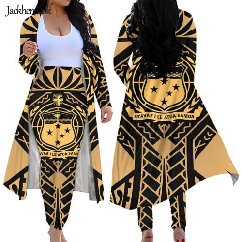 Jackherelook Womens 2 Piece Outfits Vintage Samoa Tribal Polynesian Tattoo Print Open Front Cardigan Cover Up Skinny Long Pants
