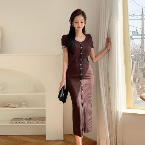 Fashion Summer Casual Single Breaste Dress Women Short Sleeve Elegant Korean Office Lady Dresses Solid Color O-neck A-line Dress