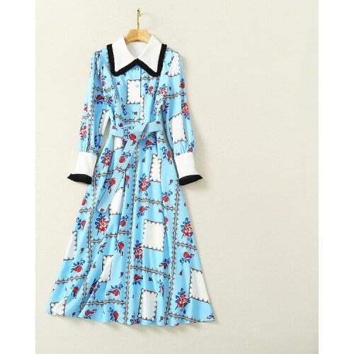 2020 Free Shipping Lapel Neck Long Sleeve Blue Fashion Dress Womens Clothes