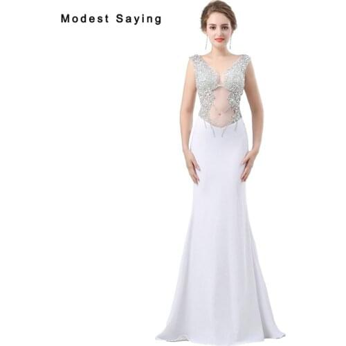 Luxury Mermaid Beaded Evening Dresses 2018 with Rhinestone Women Sexy Sheer Bodice V Neck Party Prom Gowns vestido de festa