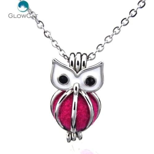 K170 Silver Enaml Animal Owl Locket Necklace Bead Cage Stainless Steel Chain Aroma Essential Oil Diffuser Locket