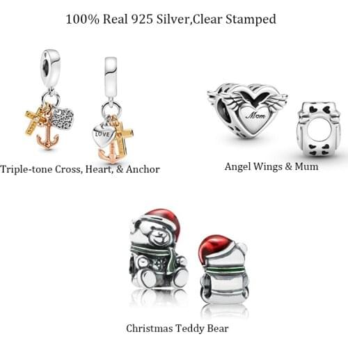 100% Sterling Silver 925 Christmas Teddy Bear Charm Angel Wings Mom Beads Fits Original Bracelets Bangles Women Jewelry DIY