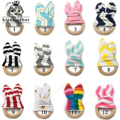 12pcs DIY Baby Toy Organic Teething Ring Bunny Ear Teething Ring For Baby/Fabric And Wooden Teether Ring Inside Crinkle Material