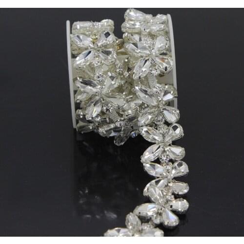 5Yards Crystal Rhinestone Trim Big Sew On Crystal Neckline Collar Applique Silver Gold Beaded Bridal Sash Patch