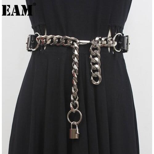 [EAM] Pu Leather Black Thick Metal Chain Long Wide Belt Personality Women New Fashion Tide All-match Spring Autumn 2021 1DD9566