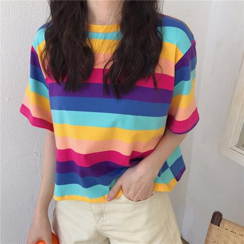 Rainbow stripes Harajuku short-sleeved tide t-shirt female ins tide 2019 super fire cec short paragraph loose umbilical shirt