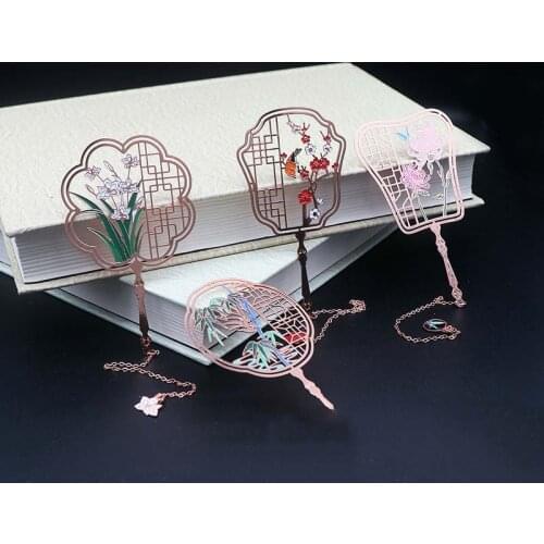 Chinese Style Fan Plum Orchid Bamboo Chrysanthemum Metal Bookmark Rose Gold Crafts Book Marker Stationery Creative Gifts