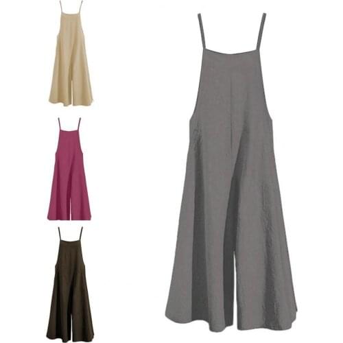 Women Fashion Jumpsuit Solid Color Wide Leg Summer Shoulder Strap Side Pockets Romper Casual Long Pants Overalls for Daily Wear