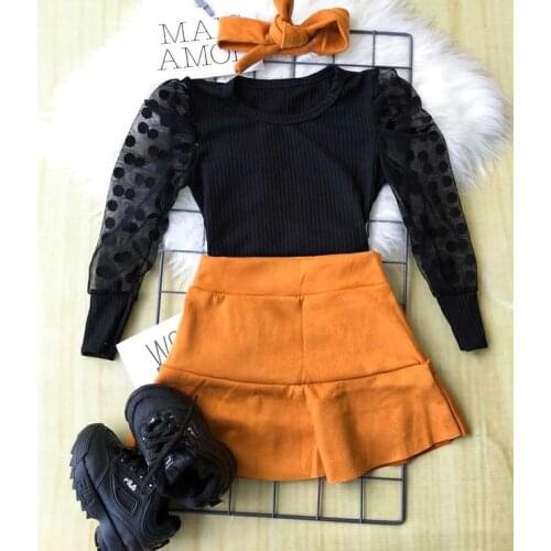 Little Girls Stylish 2Pcs Outfits, Round Collar Polka Dots Mesh Long Sleeve T-Shirt Tops+ Solid Color Pleated Skirt, 2-7Years