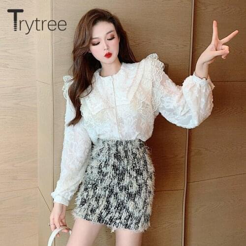 Trytree 2020 Spring Autumn Two Piece Women Set Casual Lace Shirt + Elastic Waist Zip Mini Tassel Skirt High Street 2 Piece Set