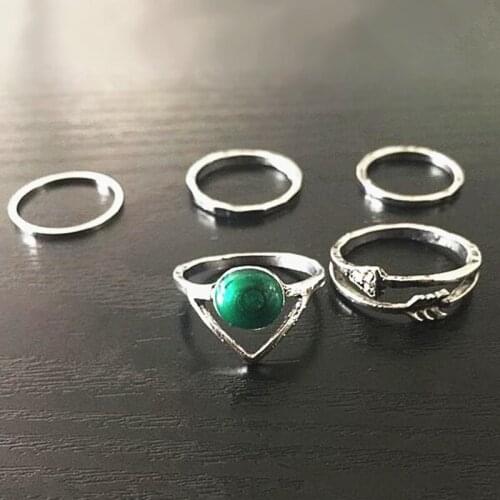 Fashion hot Silver Color Midi Ring Set for Women Boho Beach Vintage Turkish Punk Imitation Emerald Finger Rings Jewelry 5Pcs/Set