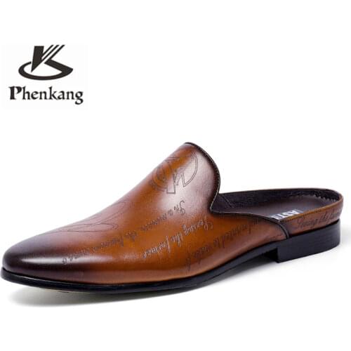 Phenkang Business Half Slippers Mens Office Summer Trend Personalized Carved Dress Genuine Leather Breathable Toe Cap Shoes