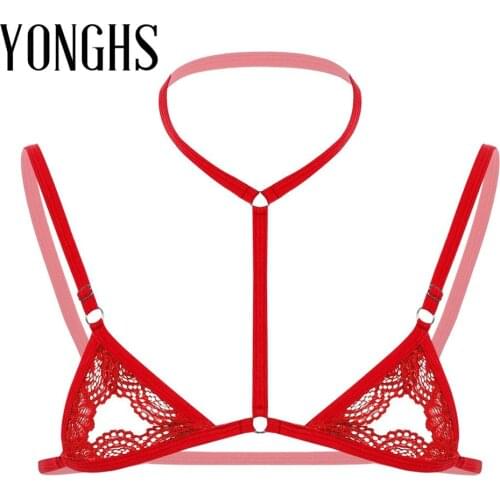 Mens Erotic Lingerie Sissy Sex Bra Sheer Lace Lingerie Halter Neck Adjustable Spaghetti Straps Wire-free Unlined Mini Bra Tops