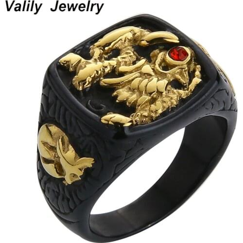 Valily Men Gold Black Ring Gold Raising Dragon With Red Stone Eye Ring Vintage Stainless Steel Punk Finger Ring Jewelry For Men