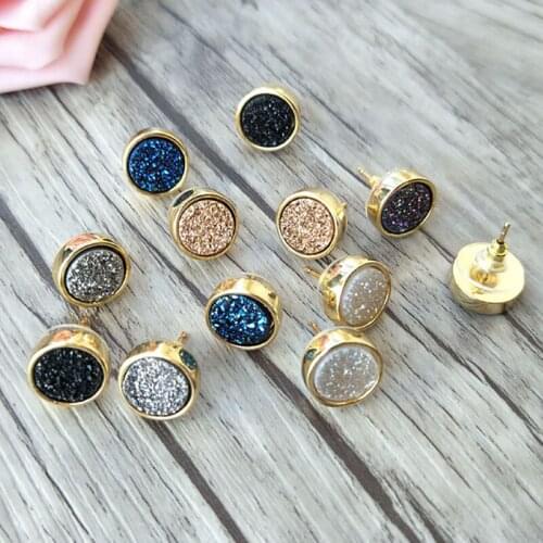 Wholesale 5 pairs 12mm Round Shape Stone Stud Earrings,Natural druse crystal Titanium Druzy Gem stone Stud Earrings ER344