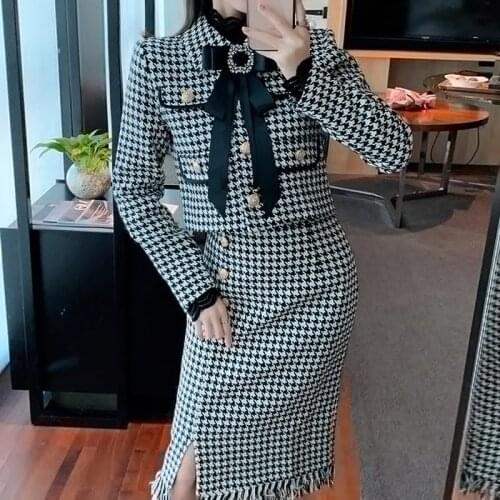 2021 autumn and winter houndstooth temperament western style royal sister fashion two-piece suit female autumn clothes