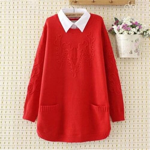 Autumn Winter Women Sweater Pullover New Fashion Shirt Collar Fake Two-piece Knitted Sweater Plus size 4XL Female Jumper Tops