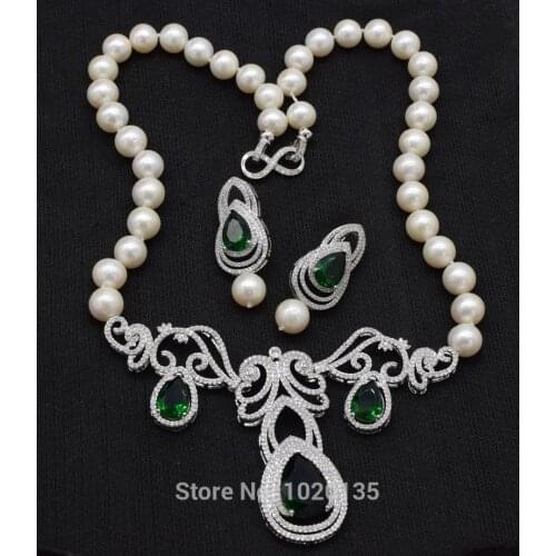 One set freshwater pearl white near round 10-11mm and green zircon pendnat necklace earrings wholesale nature gift discount