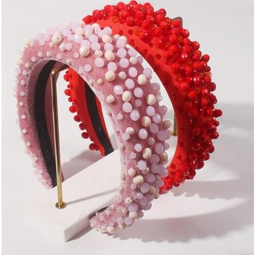 Handmade Crystal Bead Hairband Pink Red Rice Beads Headbands for Women Sponge Padded Hair Bands Prom Party Show Baroque Headwear