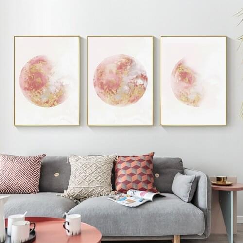 Simple Nordic INS watercolor pink moon moon planet small fresh porch murals poster print canvas decorative painting