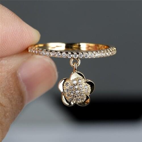 Luxury Crystal White Zircon Ring Charm Female Flower Pendant Ring Dainty Gold Silver Color Wedding Rings For Women Bride Jewelry
