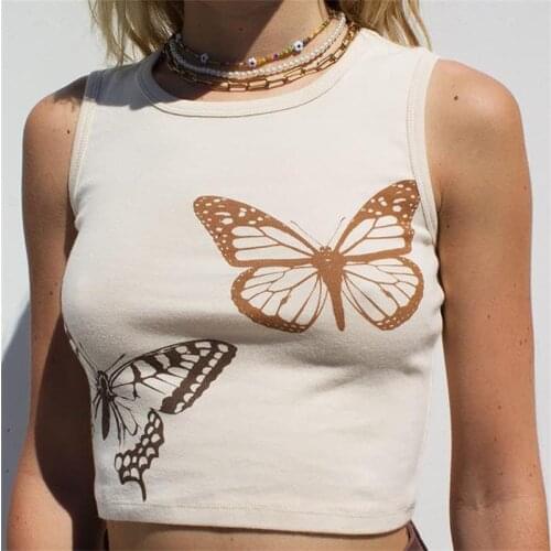 2021 Cotton Crop Top Midriff Women Sleeveless Butterfly Print T Shirt Casual Summer O-Neck Tank Top Vintage Fashion Female Tanks