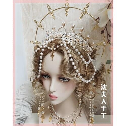 Retro Gorgeous Baroque Style Goddess Lolita Handmade Headwear Pearl Tassel Cross Hair Crown Set Halo Necklace Headband Cosplay