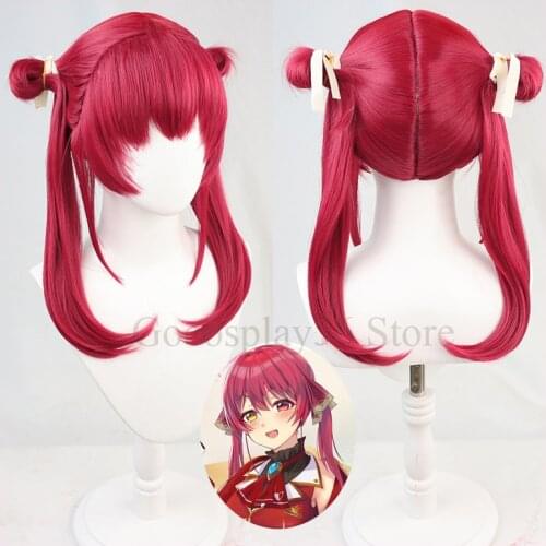 VTuber Houshou Marine Wig Hololive Girls Youtuber Cosplay Long Straight Ponytails Buns Red Synthetic Hair Role Play Free Wig Cap
