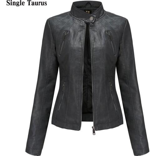 2020 Fall Winter Female Faux Leather Long Sleeve Casual Jackets for Women Zipper Coats and Jackets Women Lady Black Leather Top