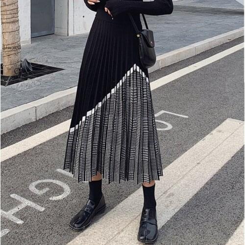 2021 New Fashion Houndstooth Midi Skirt Women Patchwork High Waist Pleated Knitted Thick Black Warm A-line Casual Skirts Female