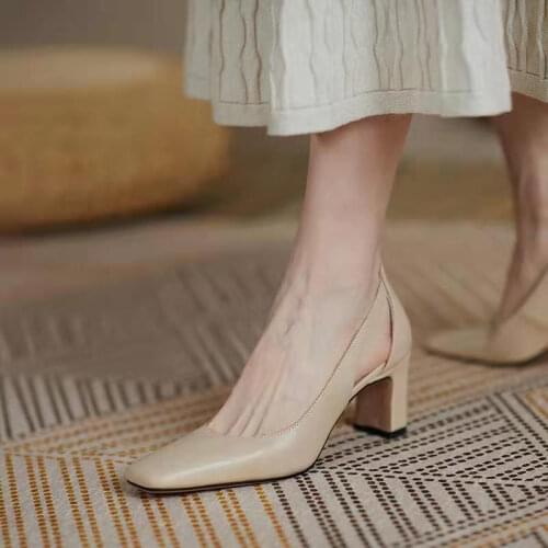 Summer 2021 Women Square Toe Med Heels Sandals Woman Retor Slip On Shoes Female PU Leather Solid Ladies Office Wedding Elegant