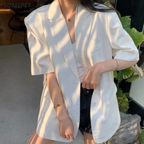 Blazer Women Short-sleeve Single-breasted Solid Simple Back-Split Leisure Suit-Jacket Office Ladies Thin Formal Korean-style New