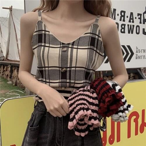 Women Knitting Plaid Buttons Cropped Camisole Ruffles Girls Knitted Sweet Chic Short Camis Top for Female