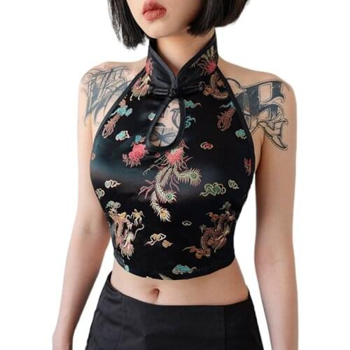 Womens Chinese Style Halter Sleeveless Crop Top Dragon Embroidery Backless Vest 50JB