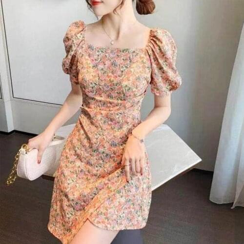 New French Chiffon method retro bubble sleeve dress womens waist square neck floral irregular summer dress womens 2021