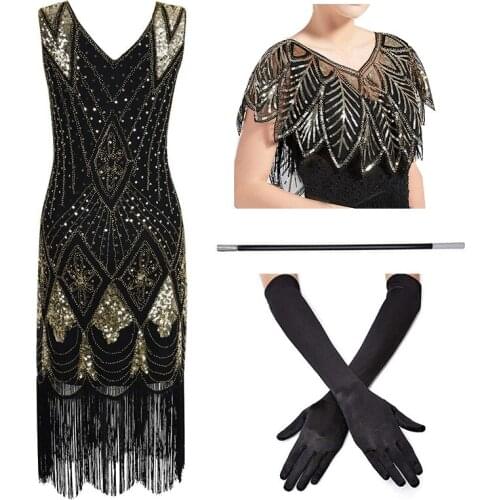 Gatsby Vintage Bridal Dress 1920s Sequin Long Fringed Paisley Flapper Cocktail Beaded Dress with 20s Accessories Set