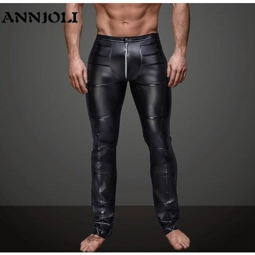 ANNJOLI 2019 Men Sex Tight Wetlook Faux Leather Stripe Lingerie PU Latex Catsuit Erotic Zipper Crotch Gay Pants Legging Clubwear