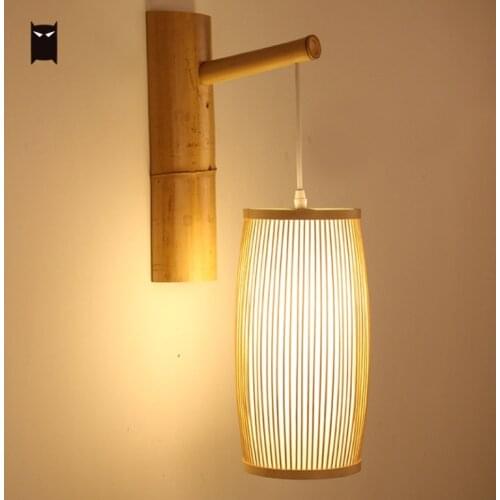 Bamboo Wicke Rattan Lantern Shade Wall Lamp Fixture Chinese Asian Art Deco Sconce Light Luminaria for Bedroom Bedside Hallway