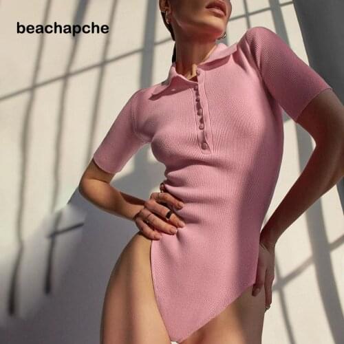 Beachapche Sexy Knitted Short Sleeves Polo Shirts Solid Streetwear Button Woman Bodycon Fashion Summer Slim Female Tops 2021 New