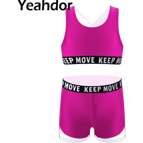 Kids Girls Dance Sport Suit Sleeveless Letters Print Crop Tops and Shorts Set Sportswear for Gym Yoga Dance Cycling Workout